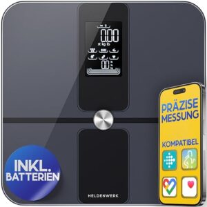 HELDENWERK Personenwaage Körperfettwaage, Waage Personen mit App 180 kg/400 lbs, Körperwaage Digital, Bluetooth Körperanalysewaage für Körperfett, BMI, Muskelmasse, Protein, BMR