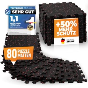 NEOLYMP Bodenschutzmatte Fitness 10 x 8 Stück (80 Matten), extra dicker und robuster Naturkautschuk - Puzzlematte Fitness, Gymnastikmatte, Sportmatte, Fitnessmatte