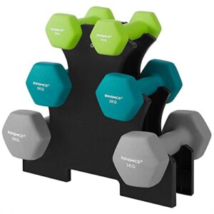 SONGMICS Hantel-Set für Krafttraining, mit Aufbewahrungshalterung, Fitness, 2 x 1 kg, 2 x 2 kg, 2 x 3 kg, Vinylbeschichtung, leuchtendes Grün, Türkis und Hellgrau, SYL612GN