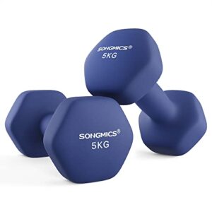 SONGMICS Hanteln, 2er Set, 2 x 5 kg, Hantelset, Kurzhanteln, Hexagon, Neopren-Beschichtung, Krafttraining, Workout, Fitnesstraining, für Zuhause, hafenblau SYL910Q01