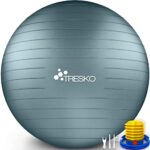 TRESKO Gymnastikball mit GRATIS Übungsposter inkl. Luftpumpe - Yogaball BPA-Frei | Sitzball Büro | Anti-Burst | 300 kg,Cool-Grau-Blau,65cm (für Körpergröße 155 - 175cm)