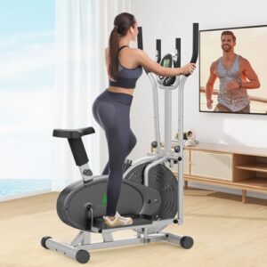 Crosstrainer, 2 in 1 Crosstrainer & Heimtrainer mit Sitz, LCD Monitor, Einstellbarer Widerstand, Anti-Rutsch-Pedal, Elliptische Übung Stepper Fitness Cardio Workout Maschine für Zuhause