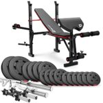 Hop-Sport Hantelbank mit Gewichten HS-1055, klappbare Trainingsbank mit Curlpult, Butterfly und Beincurler Inkl. 38 kg - 129,5 kg Hanteln Set