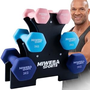 Miweba Sports Neopren Hantelset NKH120 | 𝐏𝐫𝐨𝐟𝐢 Hantel - Hexagon Hanteln Set - Kurzhanteln - Kurzhantel Set - Neoprenhantel - Hantelständer - Hantel - Dumbbell - 1-3kg (Rosa/Türkis/Königsblau)