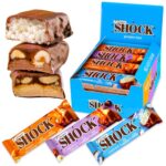 FitnesSHOCK Proteinriegel Set Mix Box Protein Bar ohne Zusatz von Zucker mit hohem 20% Proteingehalt low carb Fitness Eiweissriegel fast zuckerfrei (1g) ballaststoffreich 12x50g