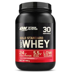 Optimum Nutrition Gold Standard 100% Molkenproteinpulver für Muskelaufbau und -regeneration mit natürlich vorkommendem Glutamin und BCAA-Aminosäuren, Delicious Strawberry, 30 Portionen, 900 g