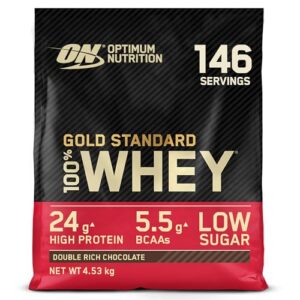 Optimum Nutrition Gold Standard 100% Molkenproteinpulver für Muskelaufbau & -regeneration mit natürlich vorkommendem Glutamin & BCAA-Aminosäuren, Double Rich Chocolate, 146 Portionen, 4,53 kg