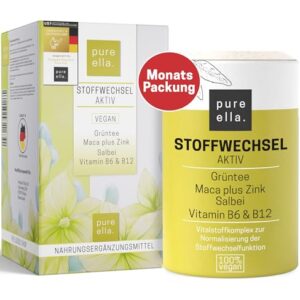 Pure Ella STOFFWECHSEL AKTIV - Bei Stoffwechselkur für Frau ab 50 - Grüntee, Salbei, Maca, Zink, Chrom, Kupfer, Vitamin B6, B12 & D3 - Natürlich, Vegan, Hochdosiert, Hormonfrei - 60 Kapseln