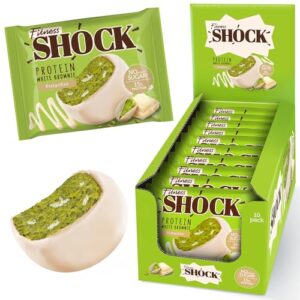 FitnesSHOCK Protein Brownie Snack ohne Zusatz von Zucker, Kekse mit 15% Eiweiß, Weiße Schokolade, sättigende Ballaststoffe, low carb, weiche Konsistenz, 10 Stück х 50g - Pistazien Geschmack