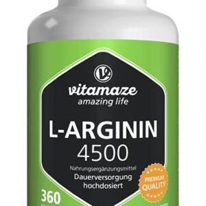 L-Arginin Kapseln hochdosiert, 4500 mg je Tagesdosis, 360 Kapseln reines L-Arginin HCL aus pflanzlicher Fermentation, Nahrungsergänzung ohne unnötige Zusatzstoffe, Made in Germany