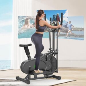 Cowmew Ellittica Crosstrainer Und Heimtrainer 2 in 1 für Zuhause, Fitnessgeräte Stepper Mit Sitz + LCD-Monitor + Einstellbarem Widerstand + Rutschfestem Pedal, Cardio Hometrainer (Schwarz)