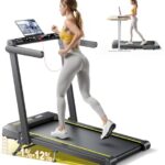 Klappbar Laufband für Zuhause mit 12% Neigung, 4 IN 1 Walking Pad Treadmill mit Armlehnen, 1-16km/h, Dual LED Anzeige, Herzfrequenzmessung, APP und Fernbedienung, Bluetooth-Lautsprecher