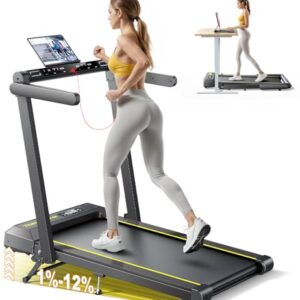 Klappbar Laufband für Zuhause mit 12% Neigung, 4 IN 1 Walking Pad Treadmill mit Armlehnen, 1-16km/h, Dual LED Anzeige, Herzfrequenzmessung, APP und Fernbedienung, Bluetooth-Lautsprecher