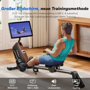 MERACH Rudergerät für Zuhause Klappbar mit 21,5-Zoll-HD-Drehbildschirm, Automatischem Widerstand per App, 16-stufigem Leisem Schwungrad, Intelligenten Magnetischen Rowing Machine for Home(R15B3)